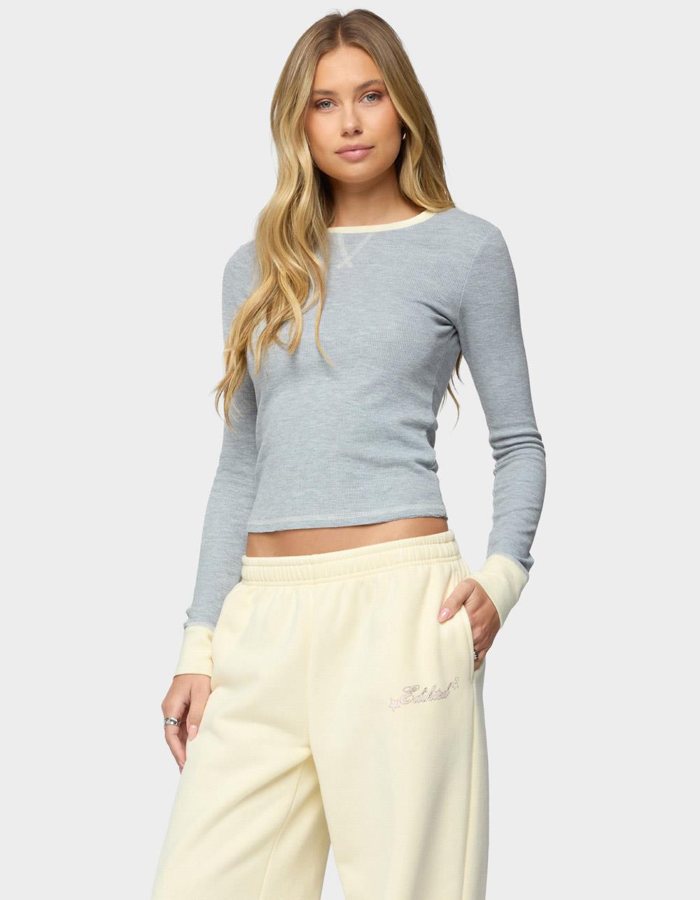 EDIKTED Rora Contrast Long Sleeve Waffle Top - GRAY