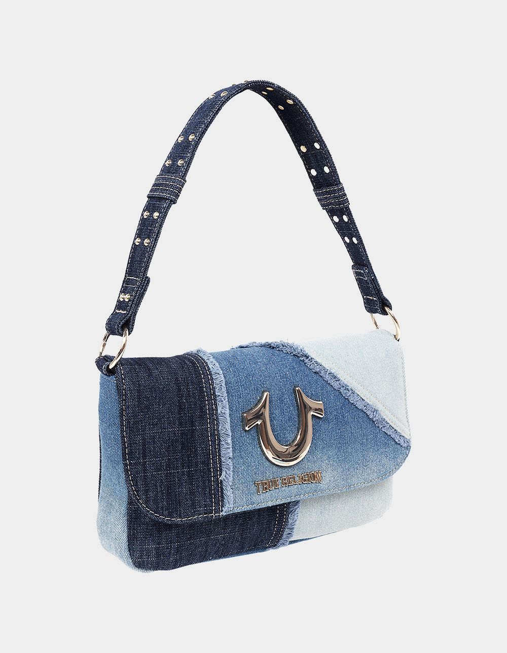 TRUE RELIGION Frayed Denim Horseshoe Hobo Bag - DENIM