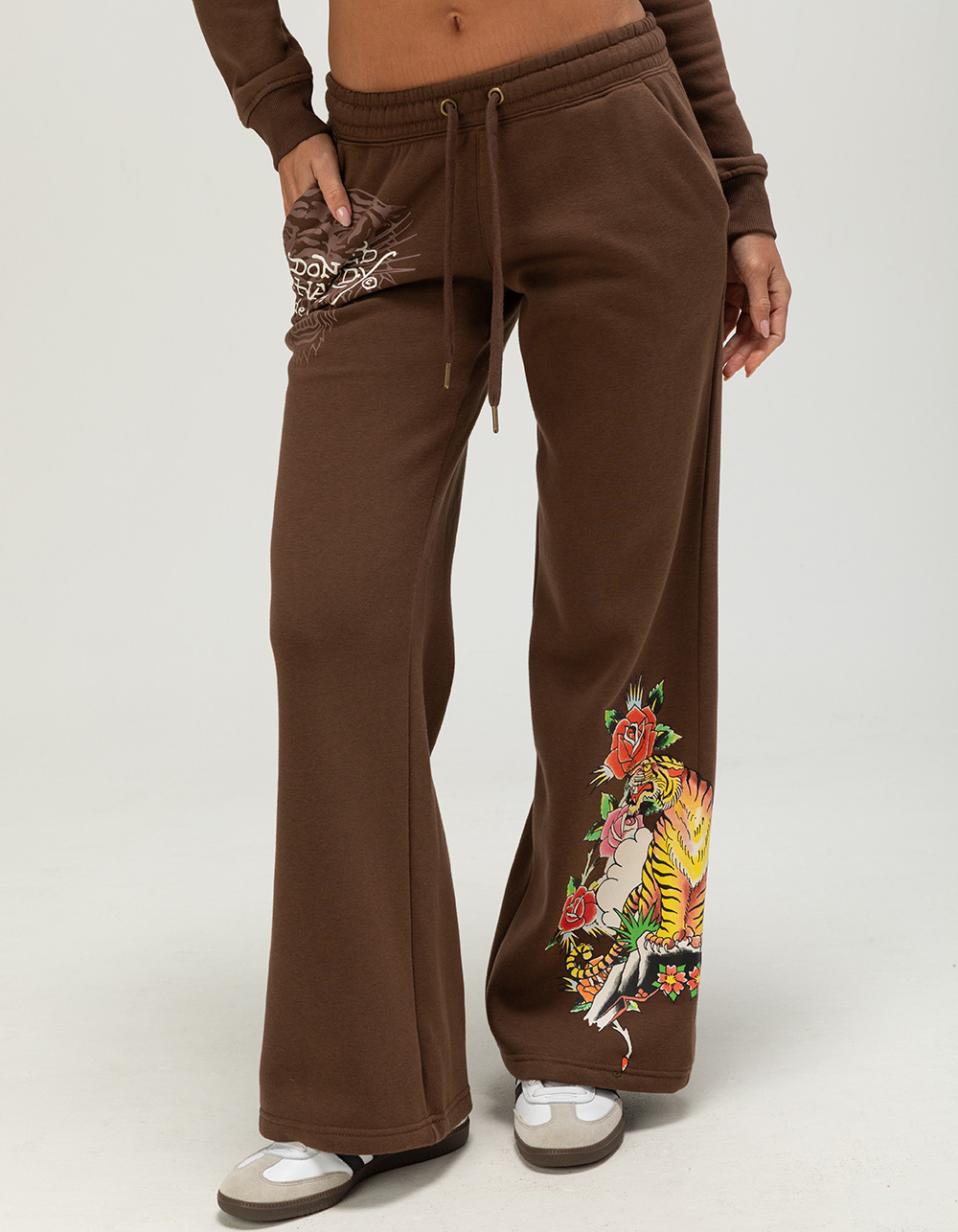 ED HARDY Tiger Rose Womens Wide Leg Sweatpants - BROWN