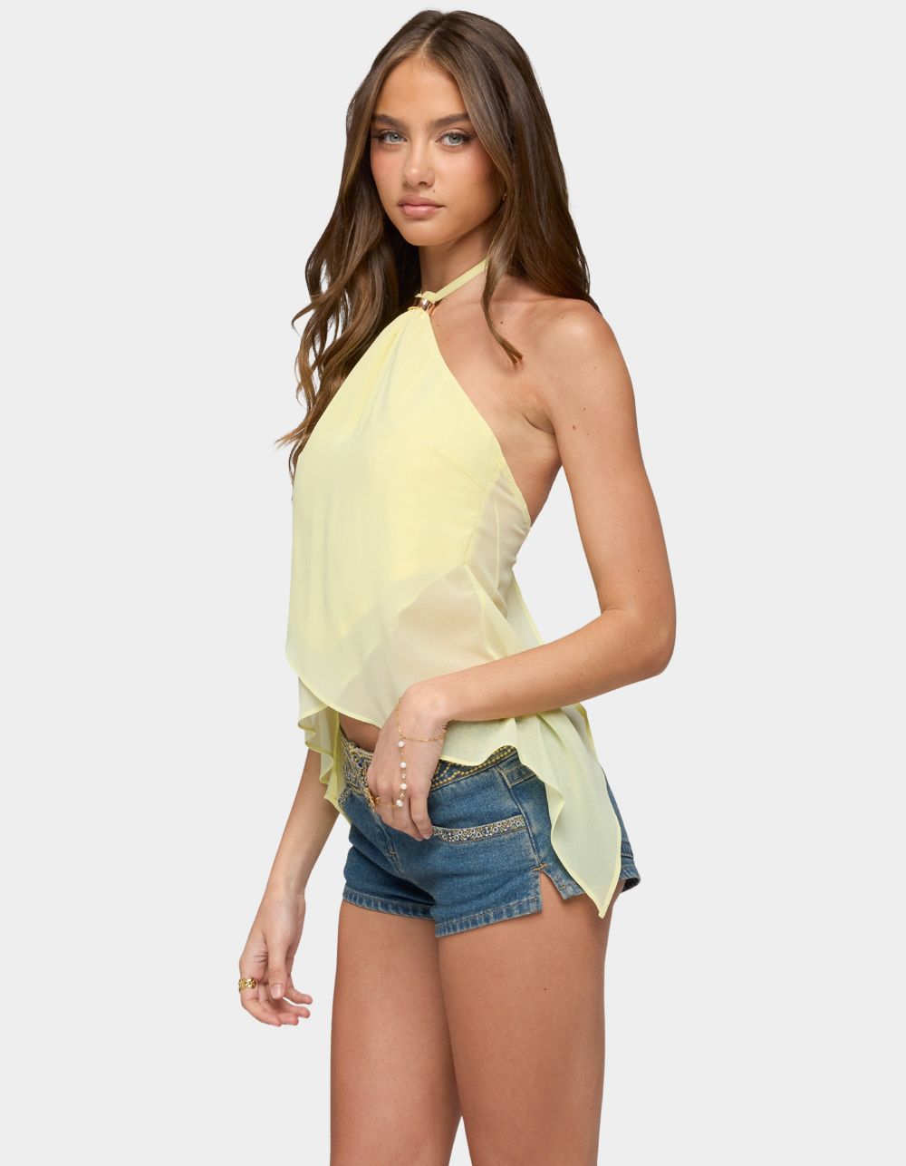 EDIKTED Chiffon Split Open Back Halter Top - LT YELLOW