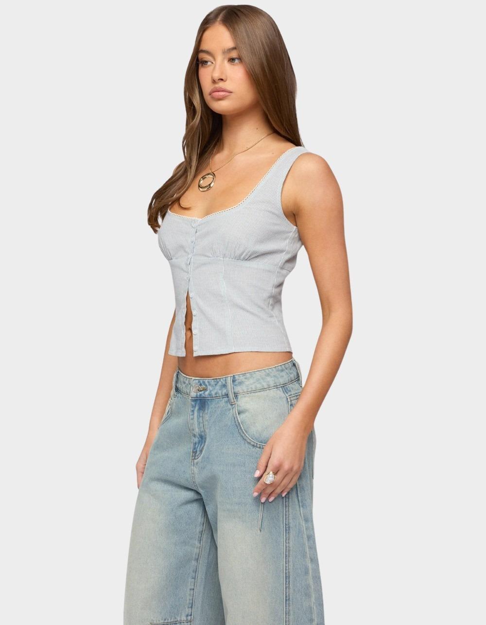 EDIKTED Katiya Pinstripe Button Up Top - LIGHT BLUE