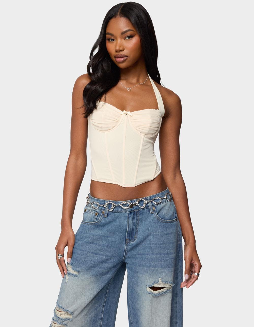 EDIKTED Abigail Ruched Halter Corset - BEIGE