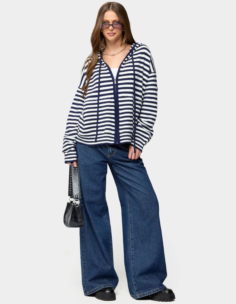 EDIKTED Safari Striped Knit Zip Up Hoodie - NAVY