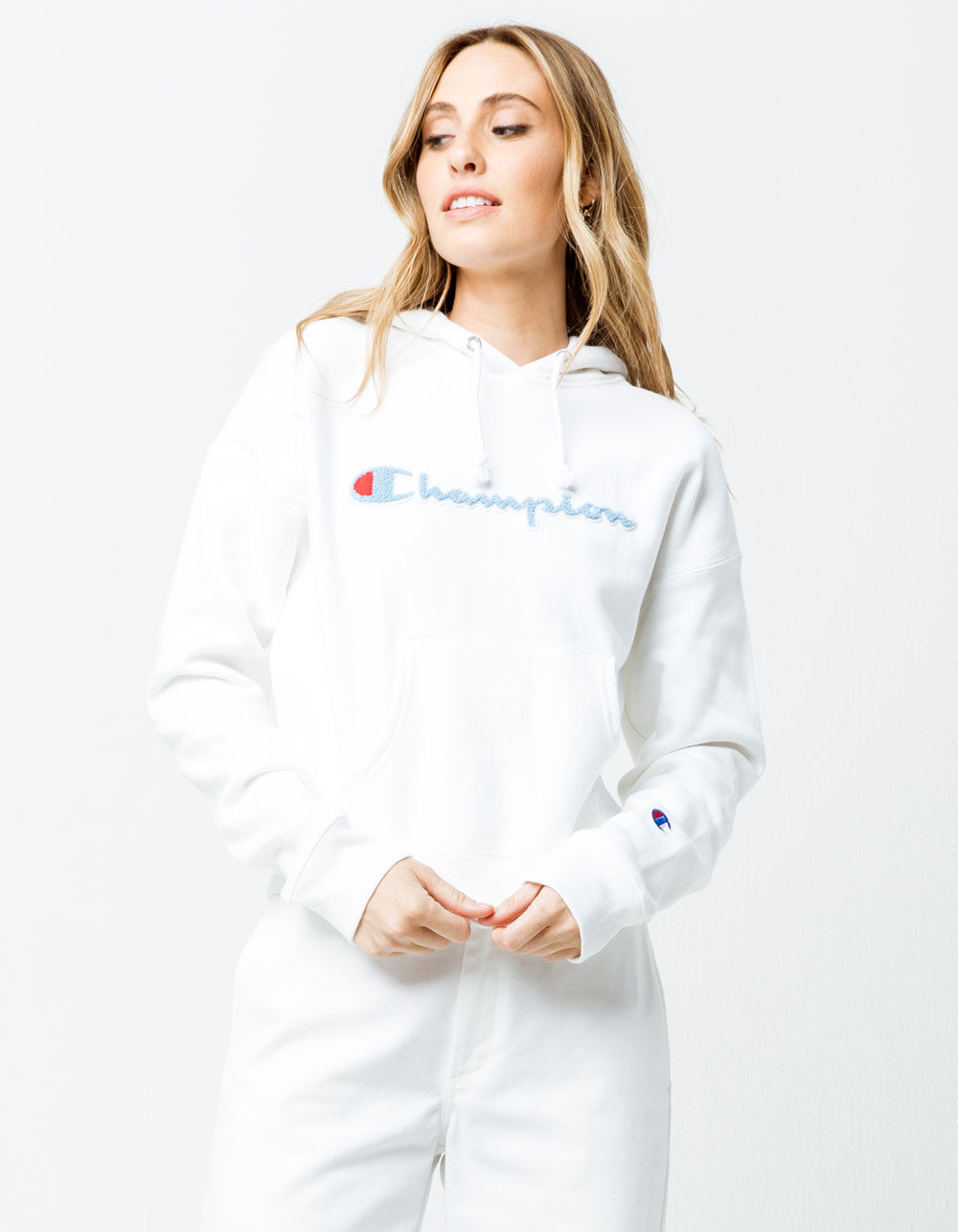 CHAMPION Reverse Weave Chenille Script White Womens Hoodie image number 0