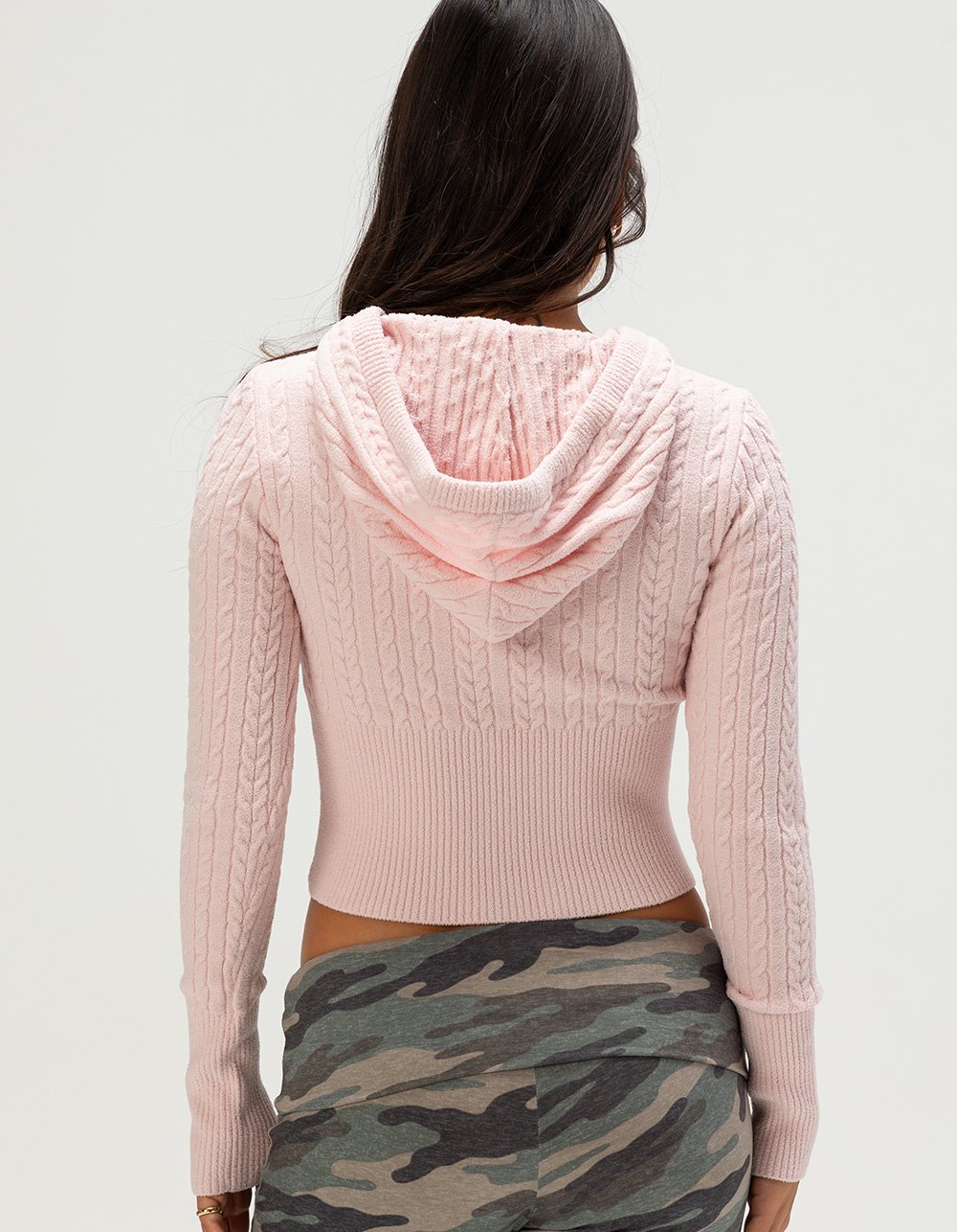 RSQ Womens Cable Knit Zip-Up Hooded Sweater - LIGHT PINK