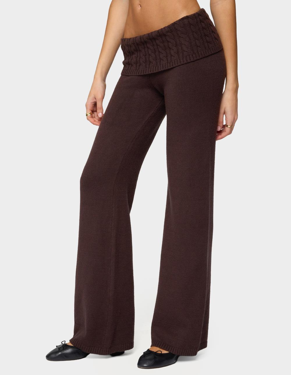 EDIKTED Lula Cable Knit Foldover Pants - BROWN