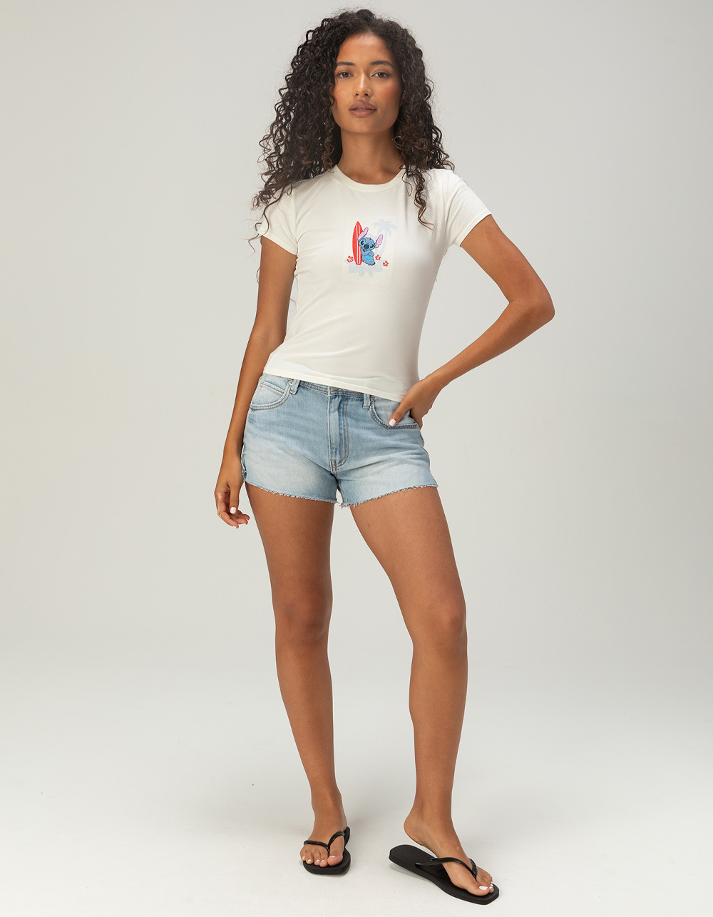 RSQ Disney Stitch Beach Scene Womens Embroidered Baby Tee - CREAM