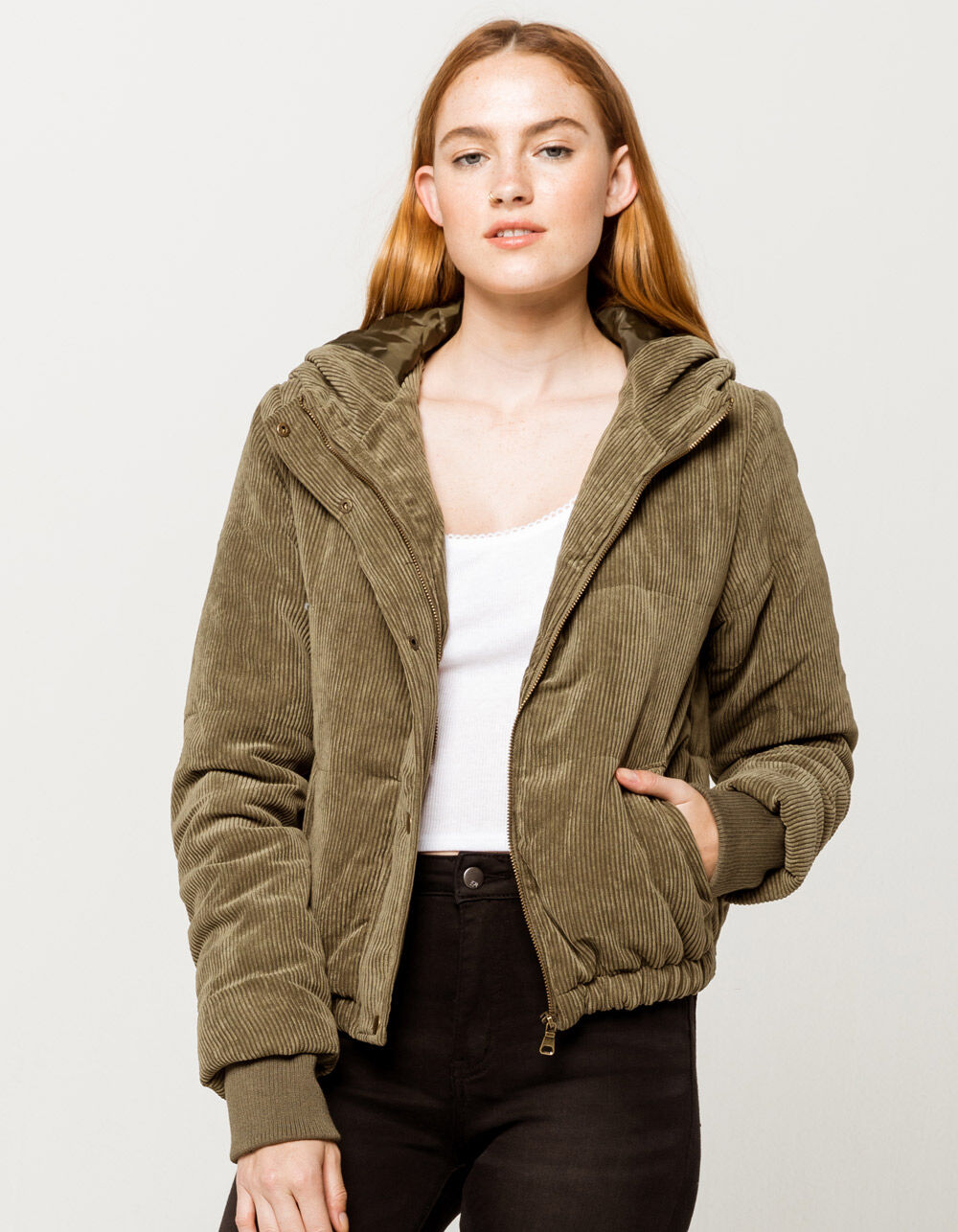 SKY AND SPARROW Corduroy Hooded Womens Bomber Jacket - OLIVE | Tillys