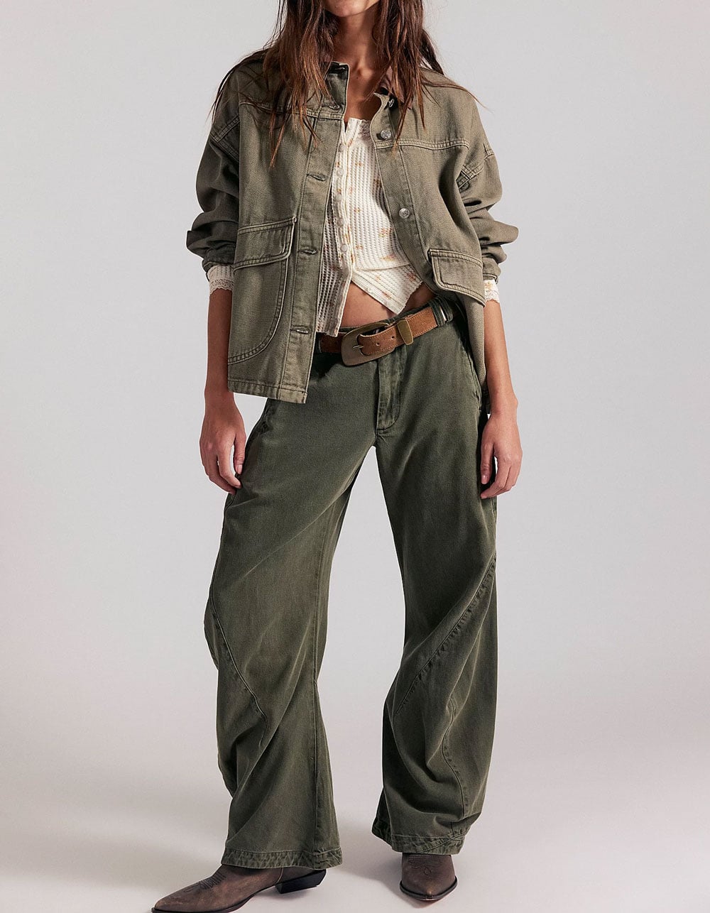 FREE PEOPLE Spotlight Womens Washed Barrel Chino Trousers - OLIVE
