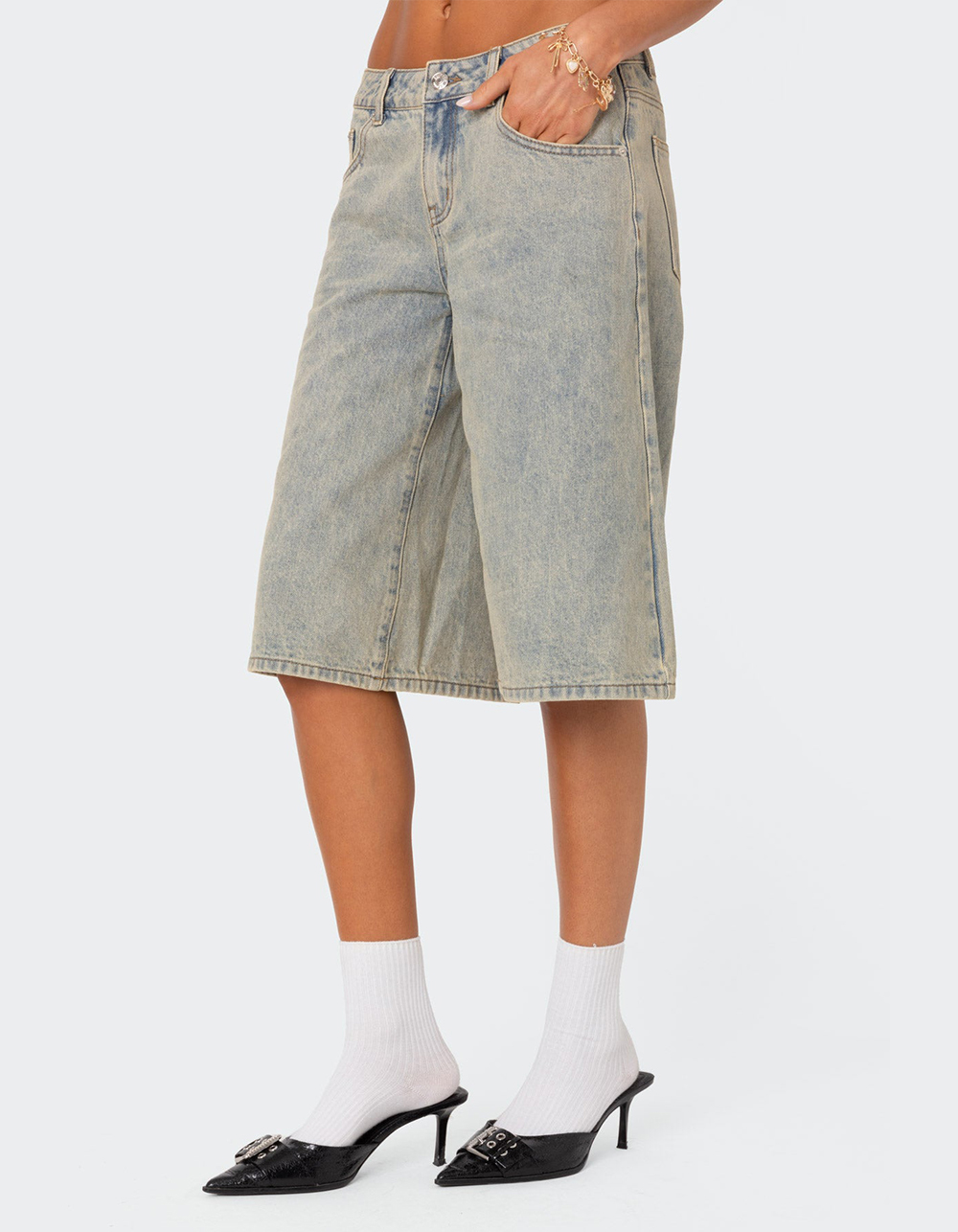 EDIKTED Xtra Long Acid Wash Denim Bermuda Shorts - BLUE