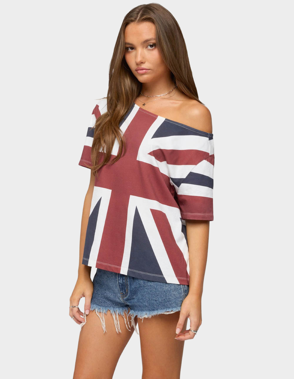 EDIKTED Union Jack Off Shoulder Tee - NAVY