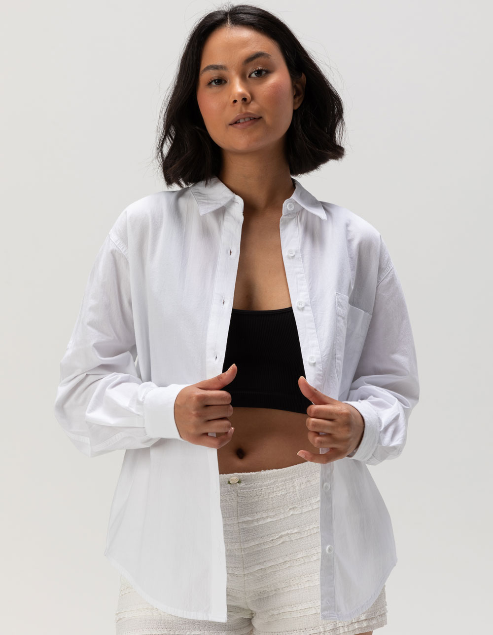 RSQ Womens White Button Up Long Sleeve Shirt - WHITE