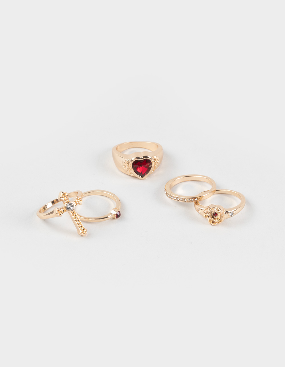 FULL TILT 5 Pack Cross/Heart/Stone Rings - GOLD