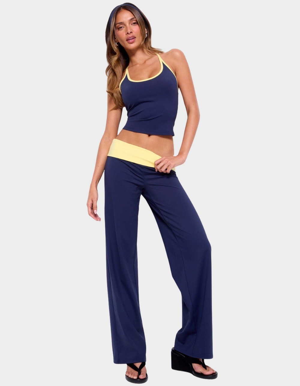 EDIKTED Dayna Contrast Foldover Straight Leg Pants - NAVY