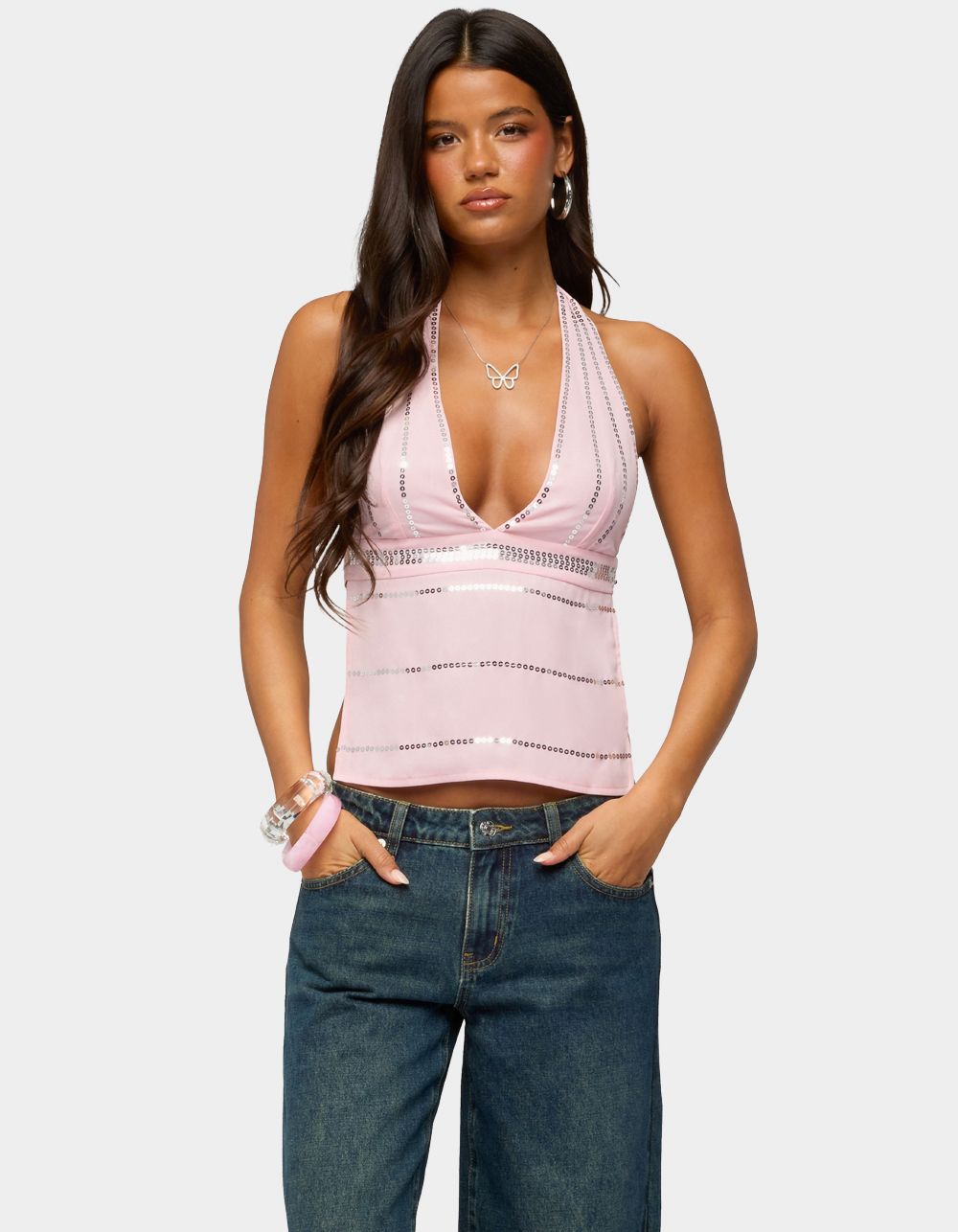 EDIKTED Roey Sequin Chiffon Backless Top - LIGHT PINK
