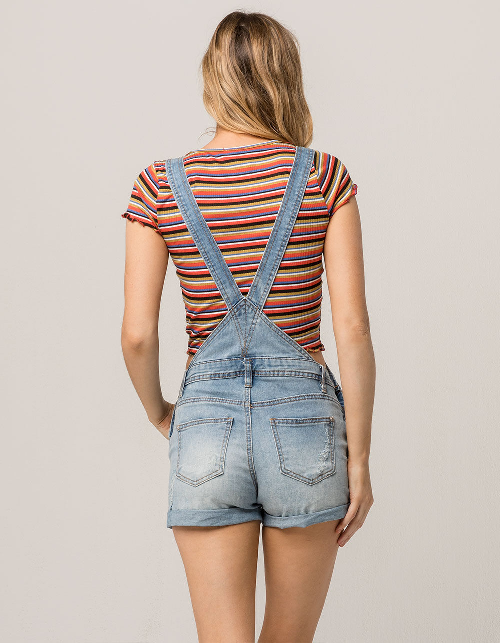 ALMOST FAMOUS Roll Cuff Ripped Womens Denim Shortalls image number 2