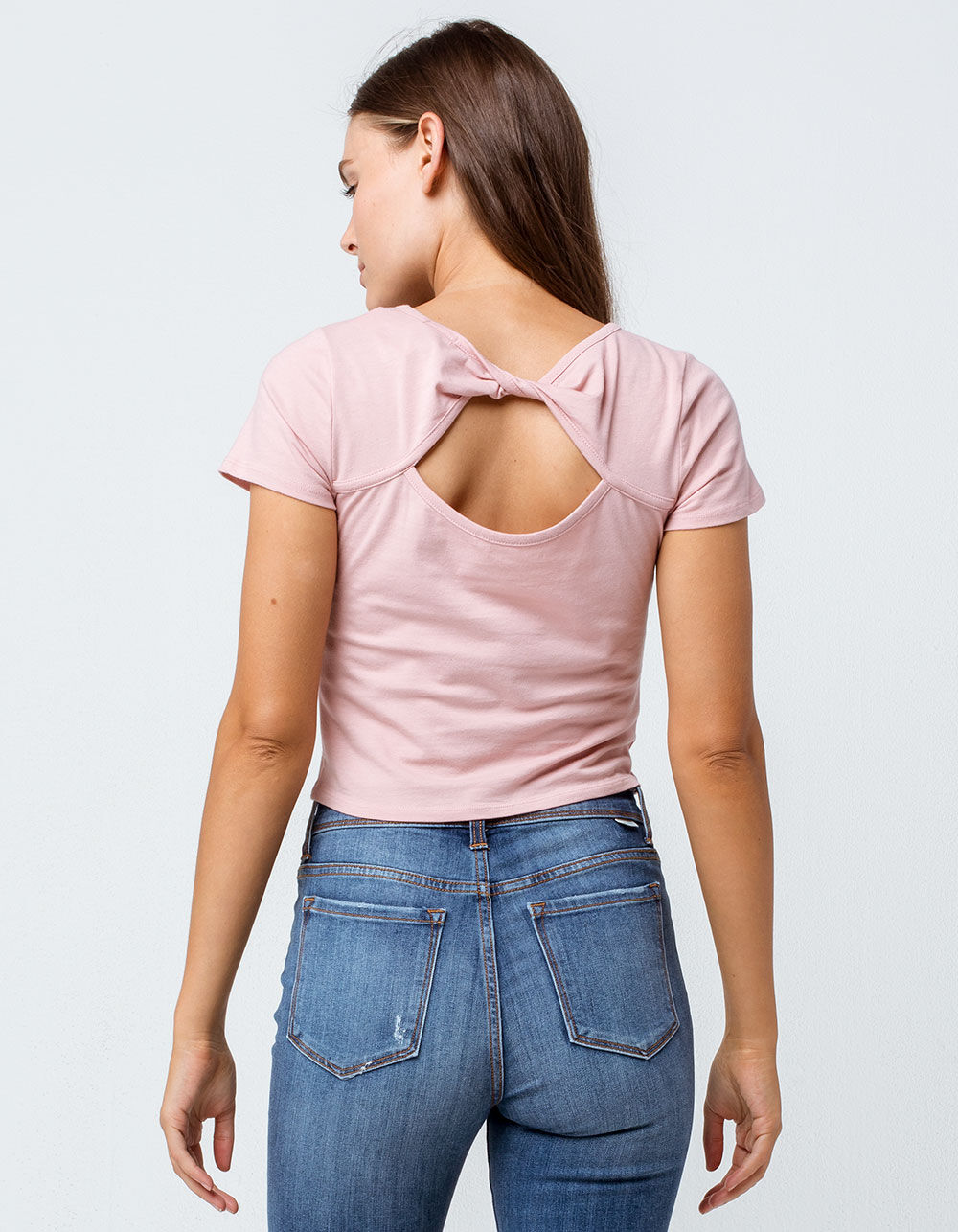 BOZZOLO Twist Back Cut Out Pink Womens Crop Tee image number 1