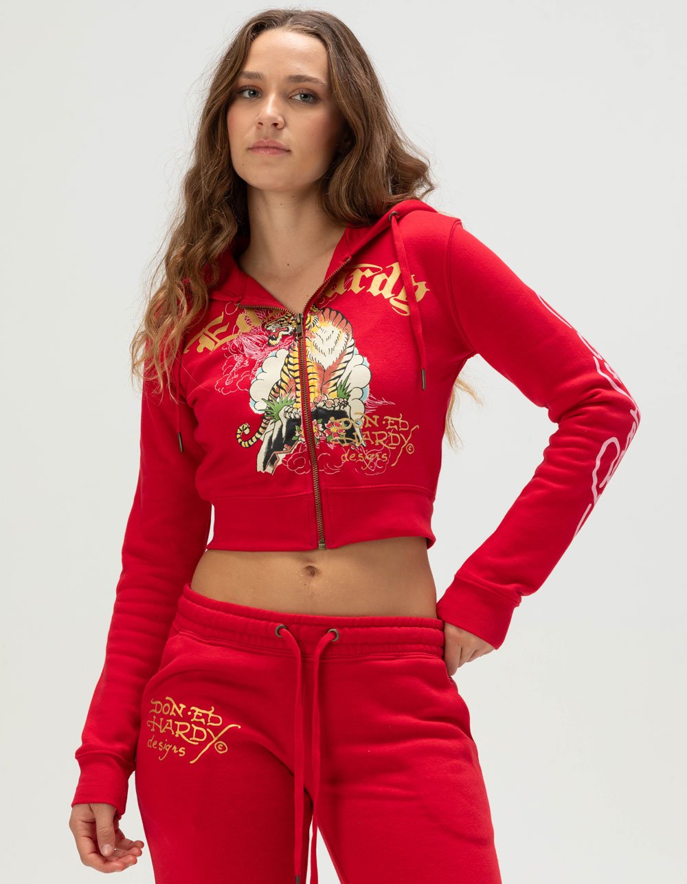 ED HARDY Tiger Mountain Womens Zip-Up Hoodie - CHERRY