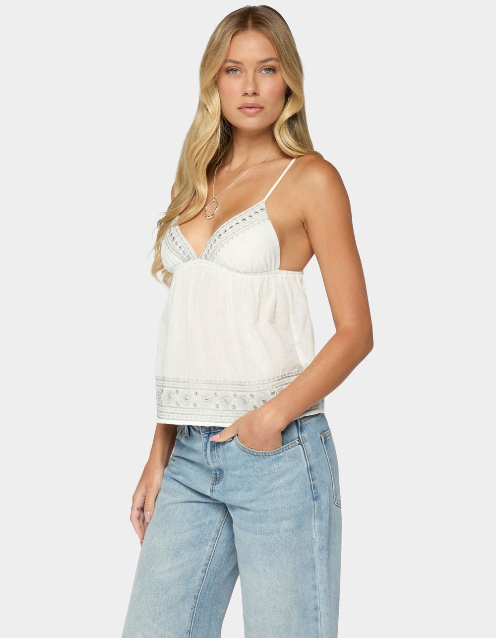 EDIKTED Shilah Embroidered Cotton Babydoll Top - WHITE