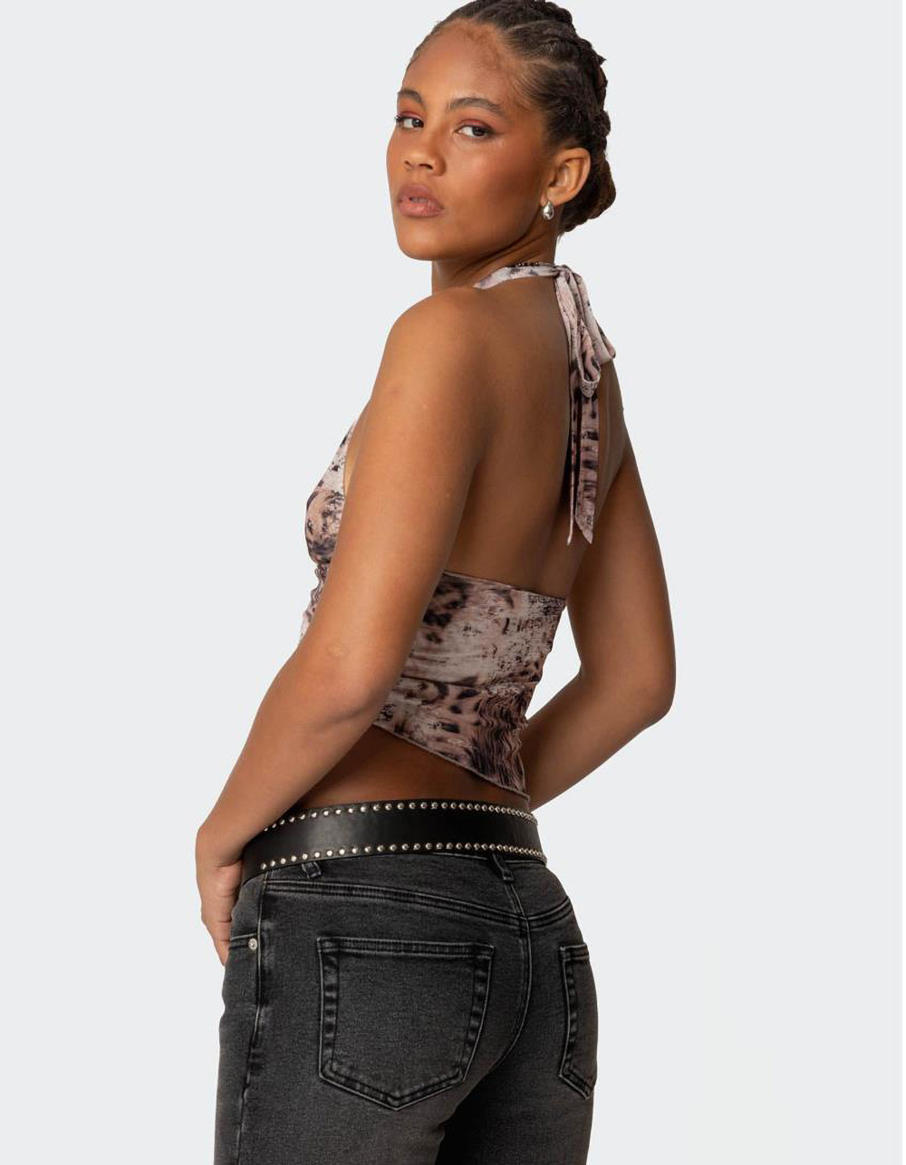 EDIKTED Leopard Mesh Asymmetric Halter Top - ORANGE