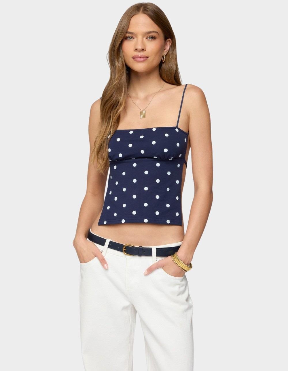 EDIKTED Jinx Polka Dot Open-Back Top - NAVY