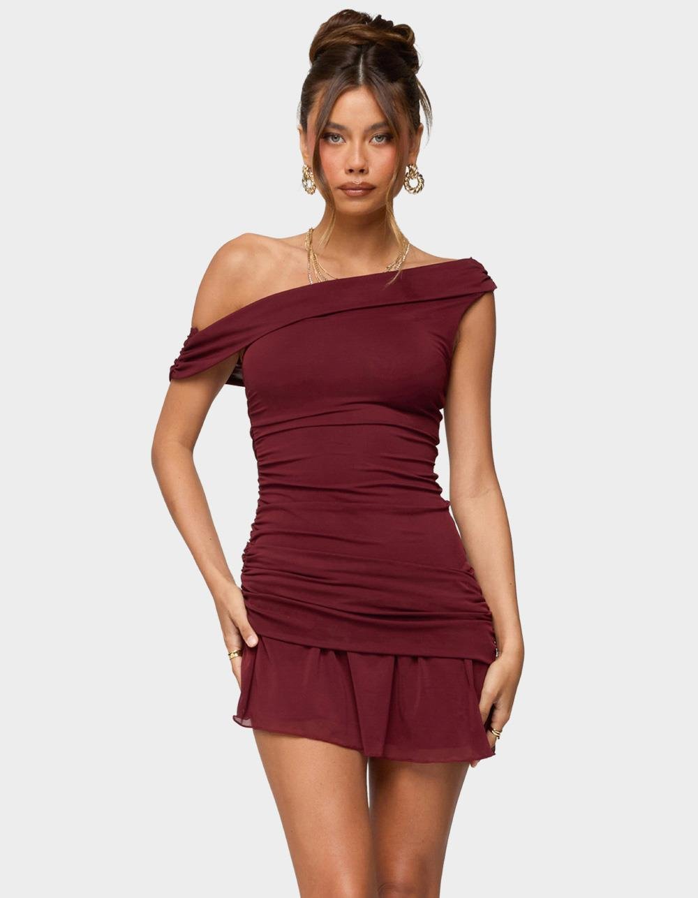 EDIKTED Gesibelle Off Shoulder Mesh Mini Dress - DK RED