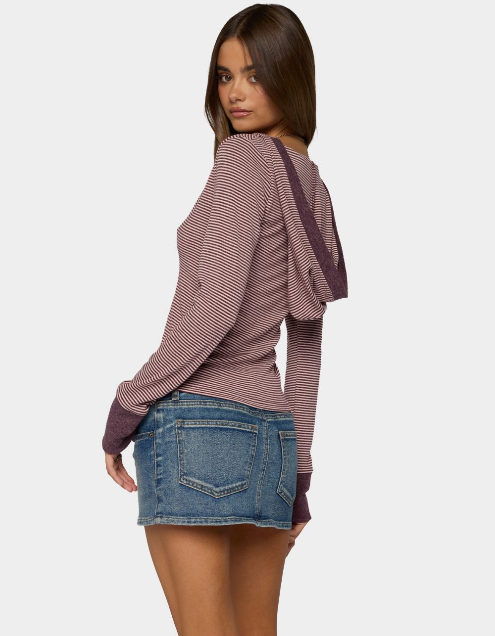 EDIKTED Kadia Striped Hooded Top - DK RED