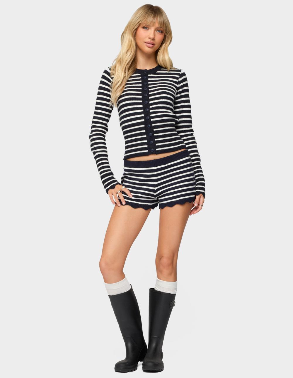 EDIKTED Soren Contrast Striped Knit Cardigan - NAVY