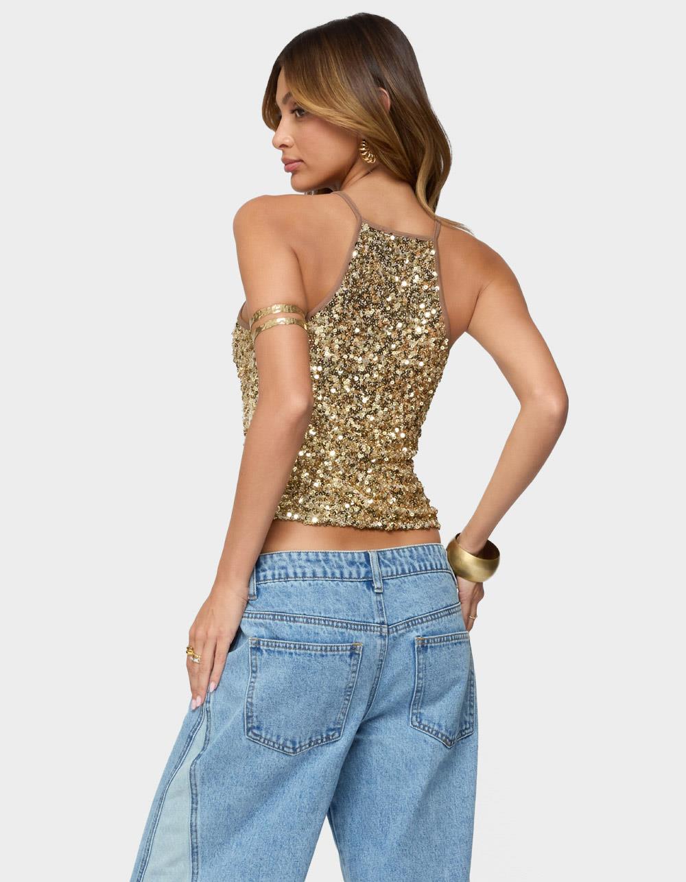 EDIKTED Pasha Sequin Tank Top - GOLD
