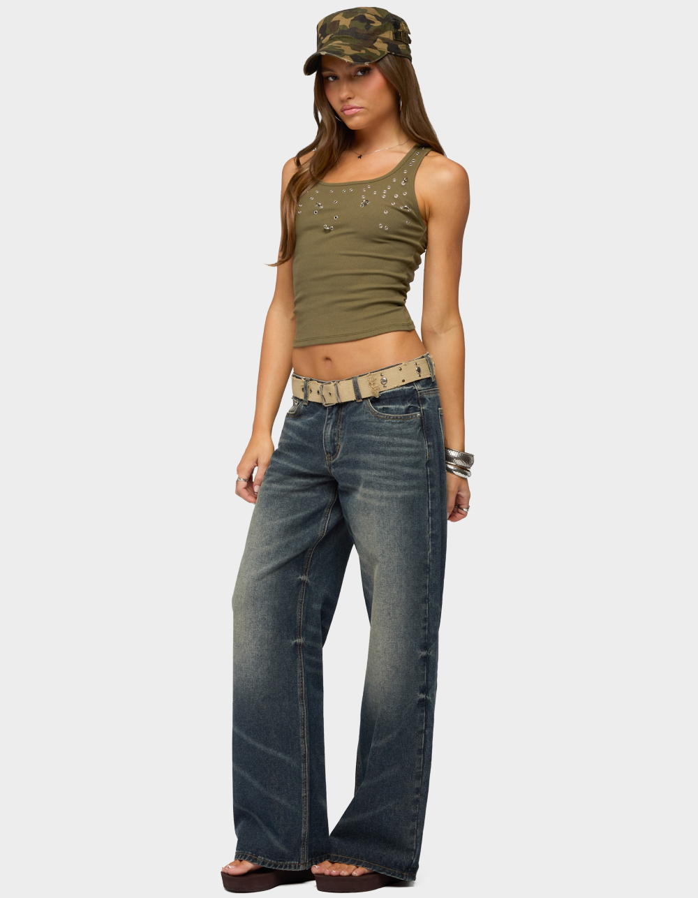 EDIKTED Pierced Grommet Ribbed Tank Top - DK GREEN