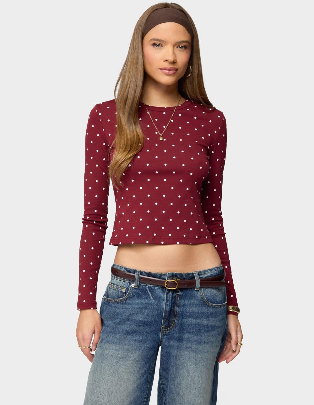EDIKTED Daliya Polka Dot Long Sleeve Top - DK RED