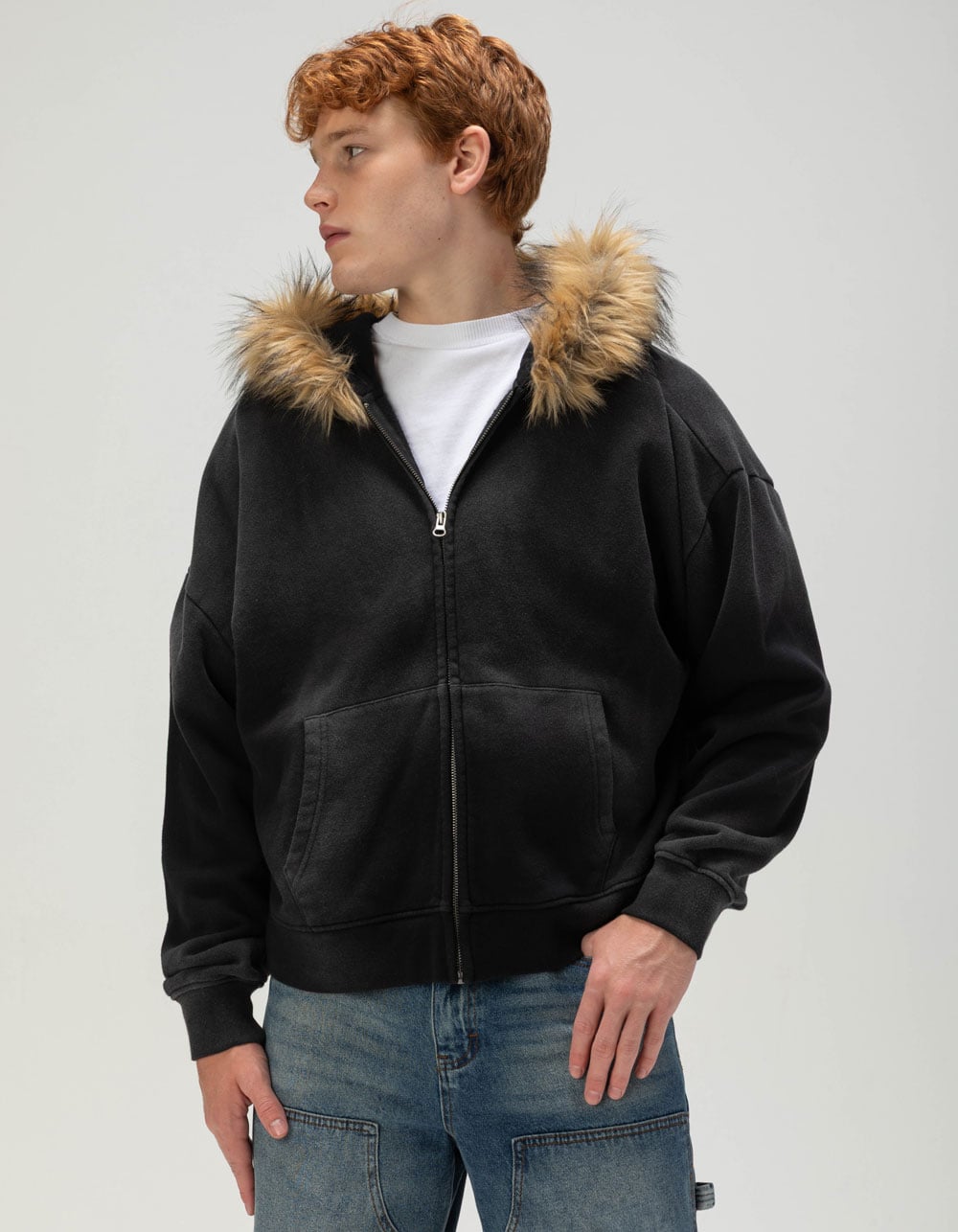 RSQ Mens Fur Trim Oversized Zip-Up Hoodie - BLACK | Tillys