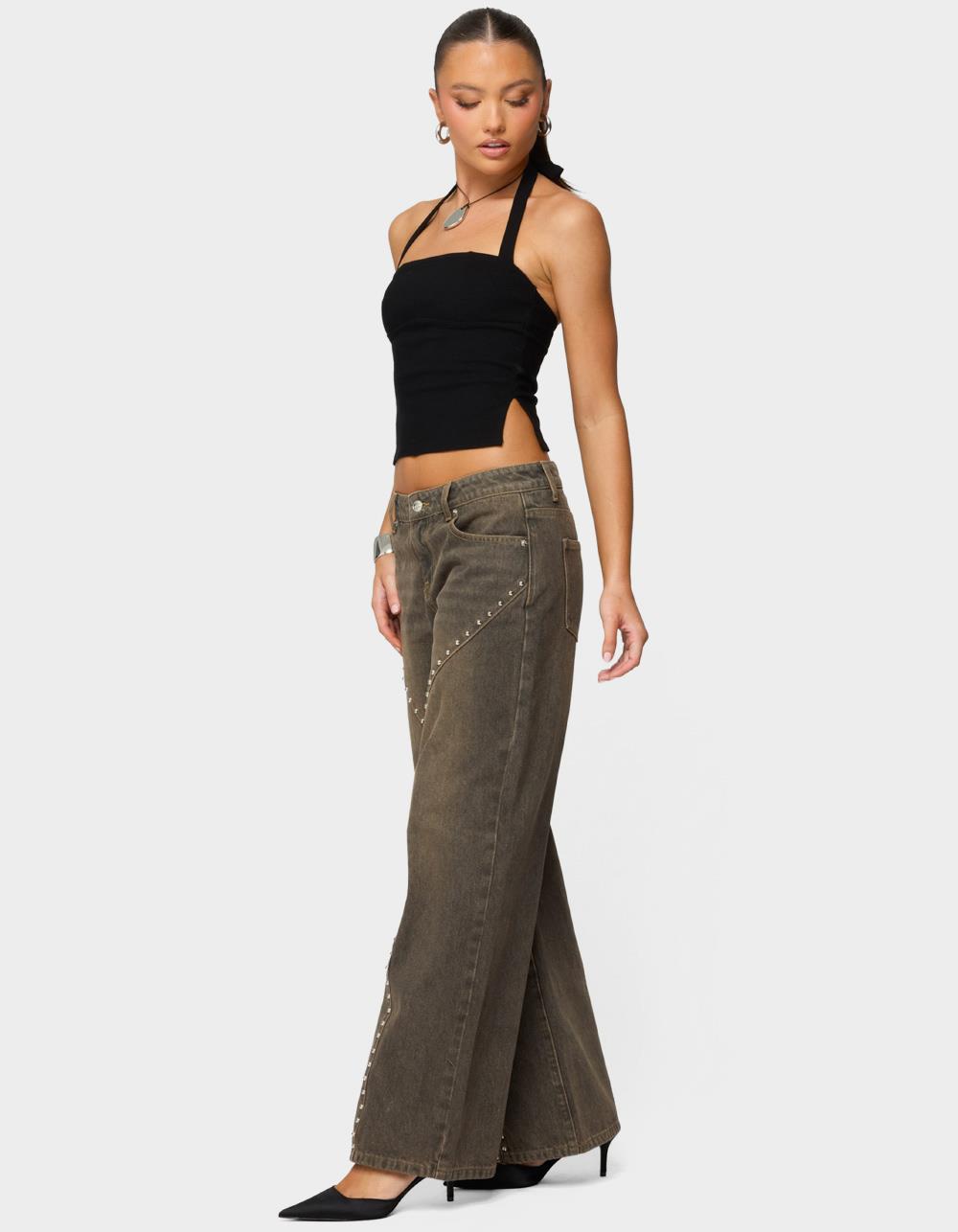 EDIKTED Charliza Stud Low Rise Baggy Jeans - BROWN