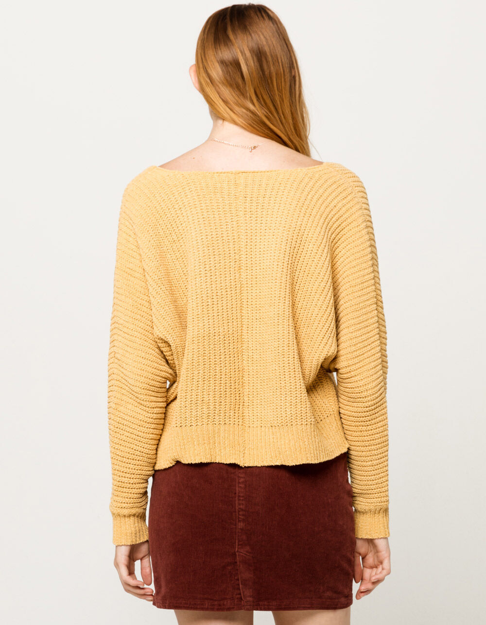 SKY AND SPARROW Matte Chenille V-Neck Yellow Womens Dolman Sweater image number 3