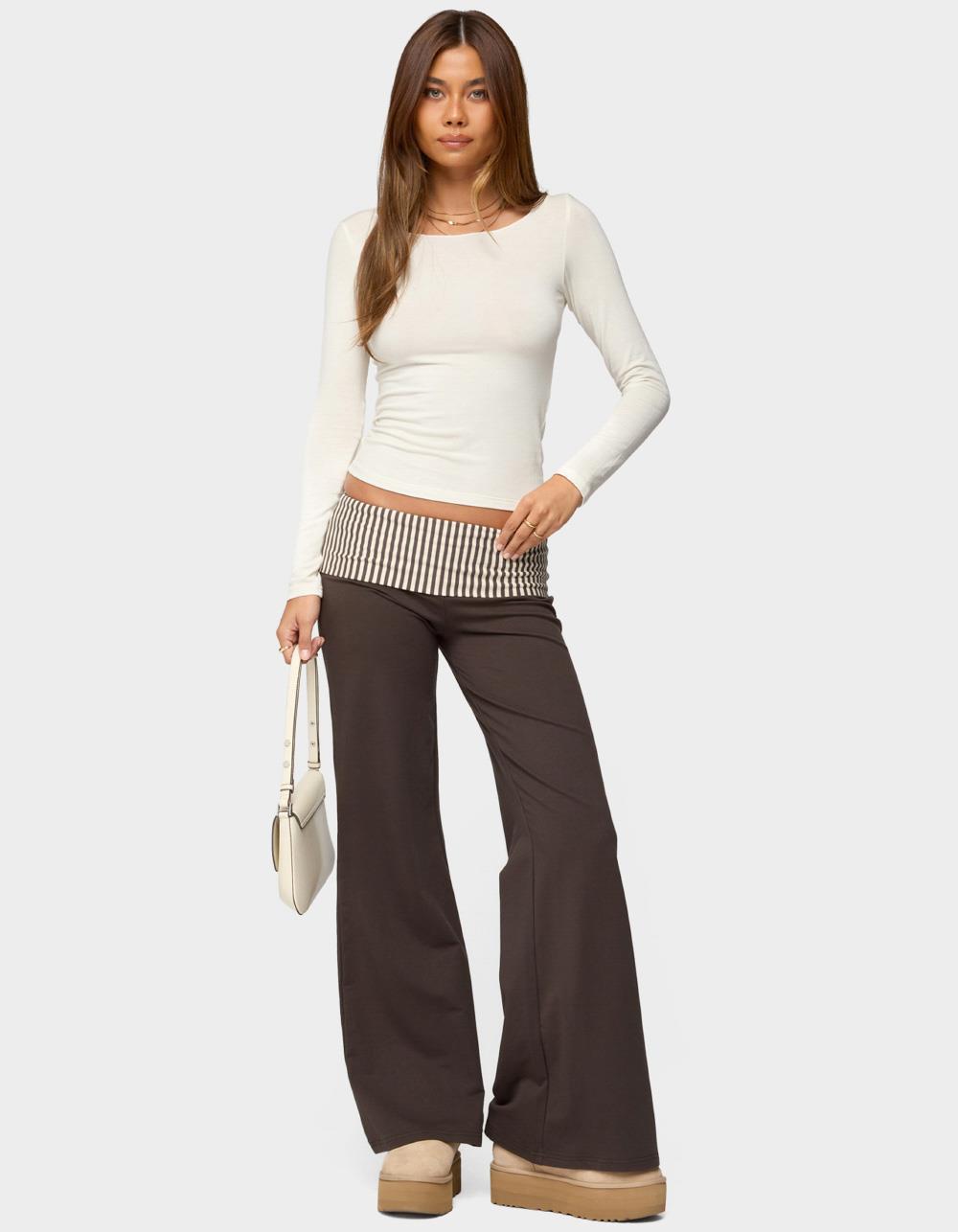 EDIKTED Meshey Striped Fold Over Pants - GRAY