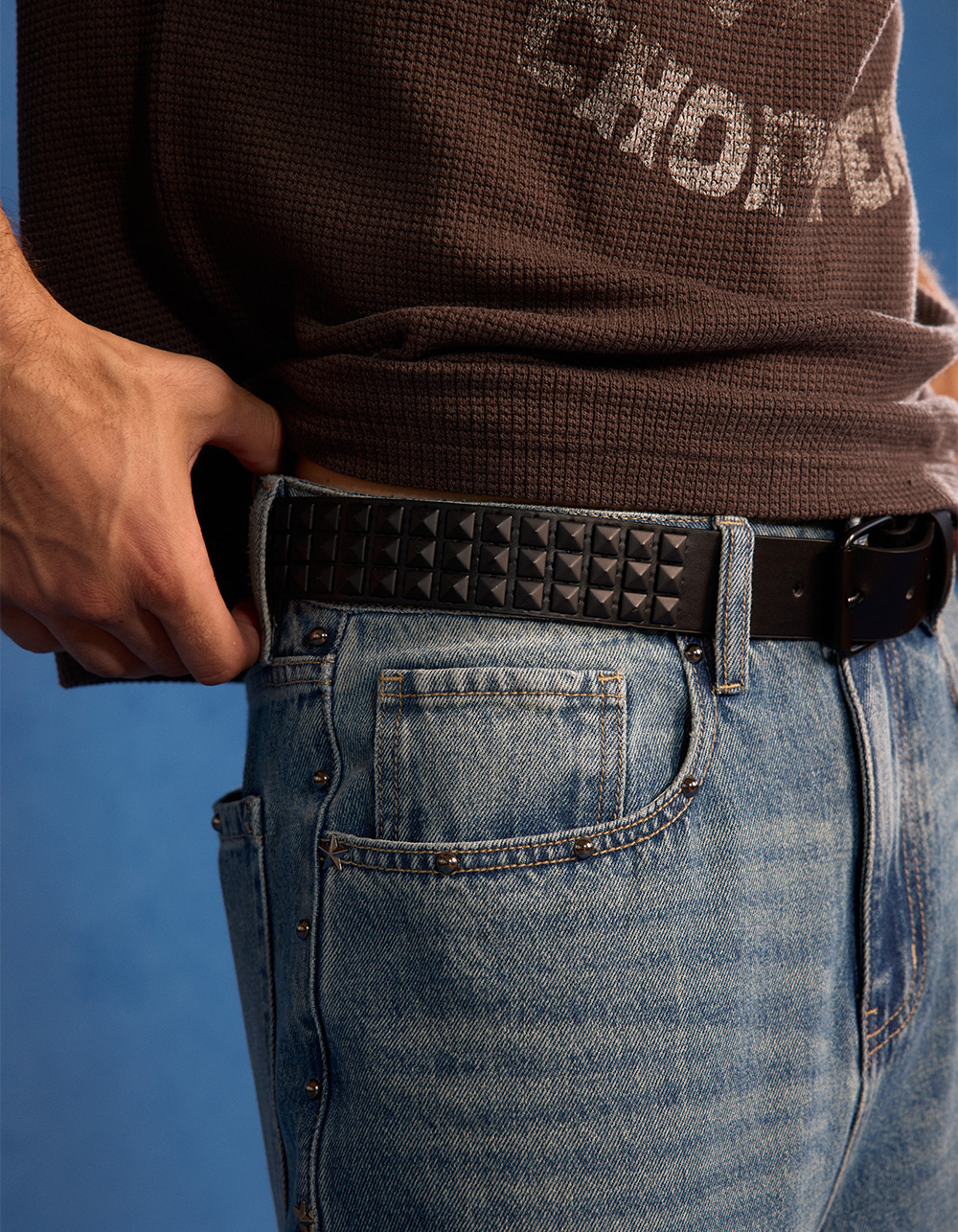 3 Row Pyramids Mens Belt - BLACK