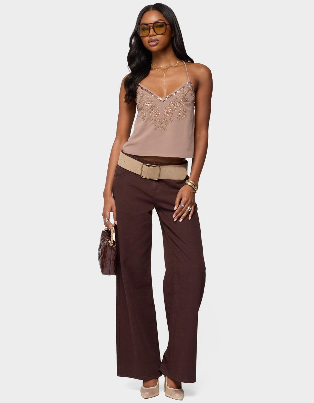 EDIKTED Sorina Embellished V-Neck Top - BROWN