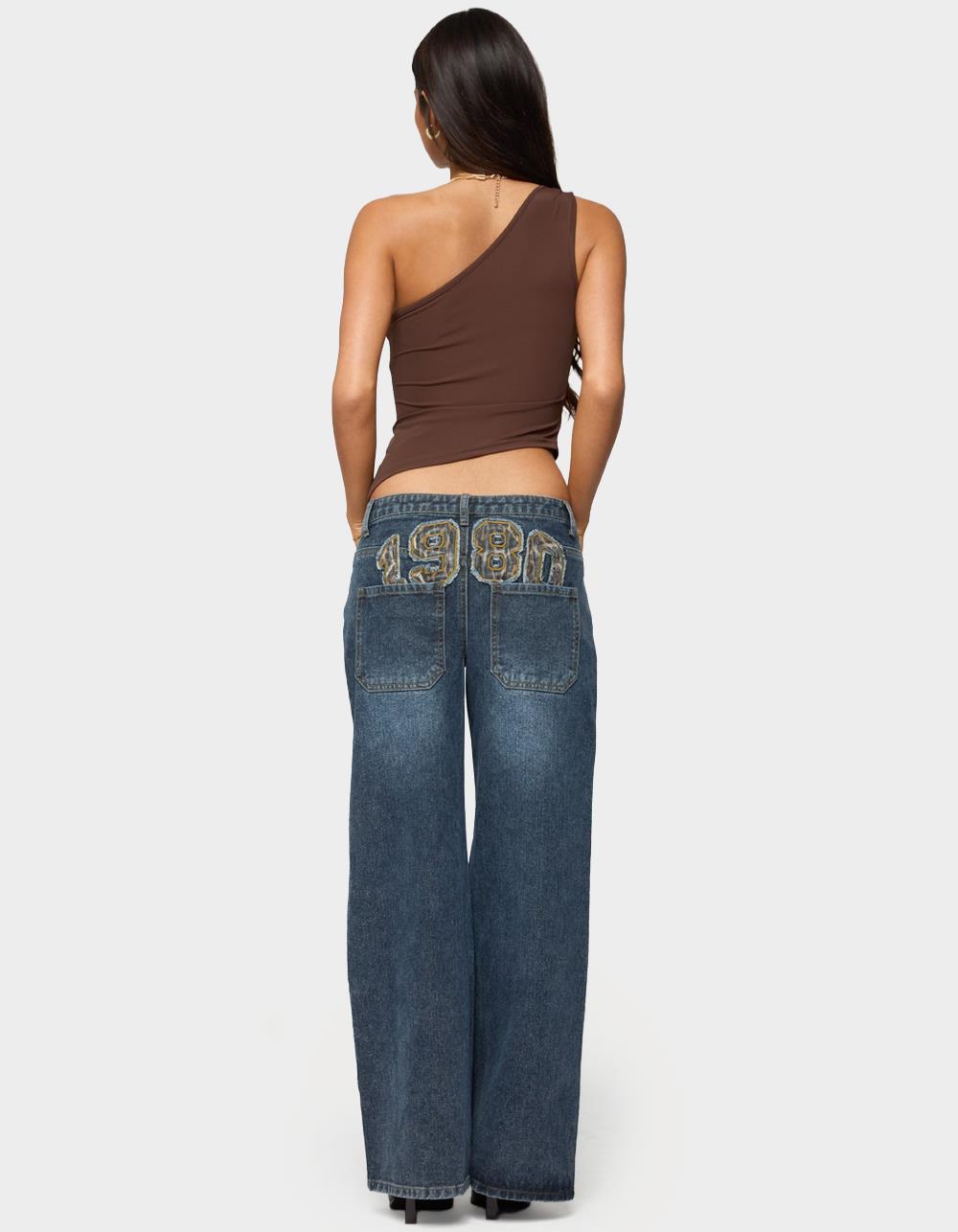 EDIKTED 1980 Leopard Patch Low Rise Baggy Jeans - BLUE