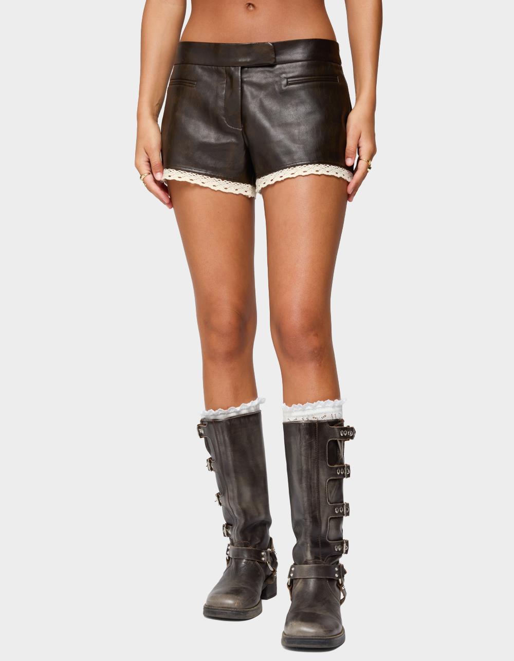 EDIKTED Lissa Lacey Faux Leather Shorts - DARK BROWN
