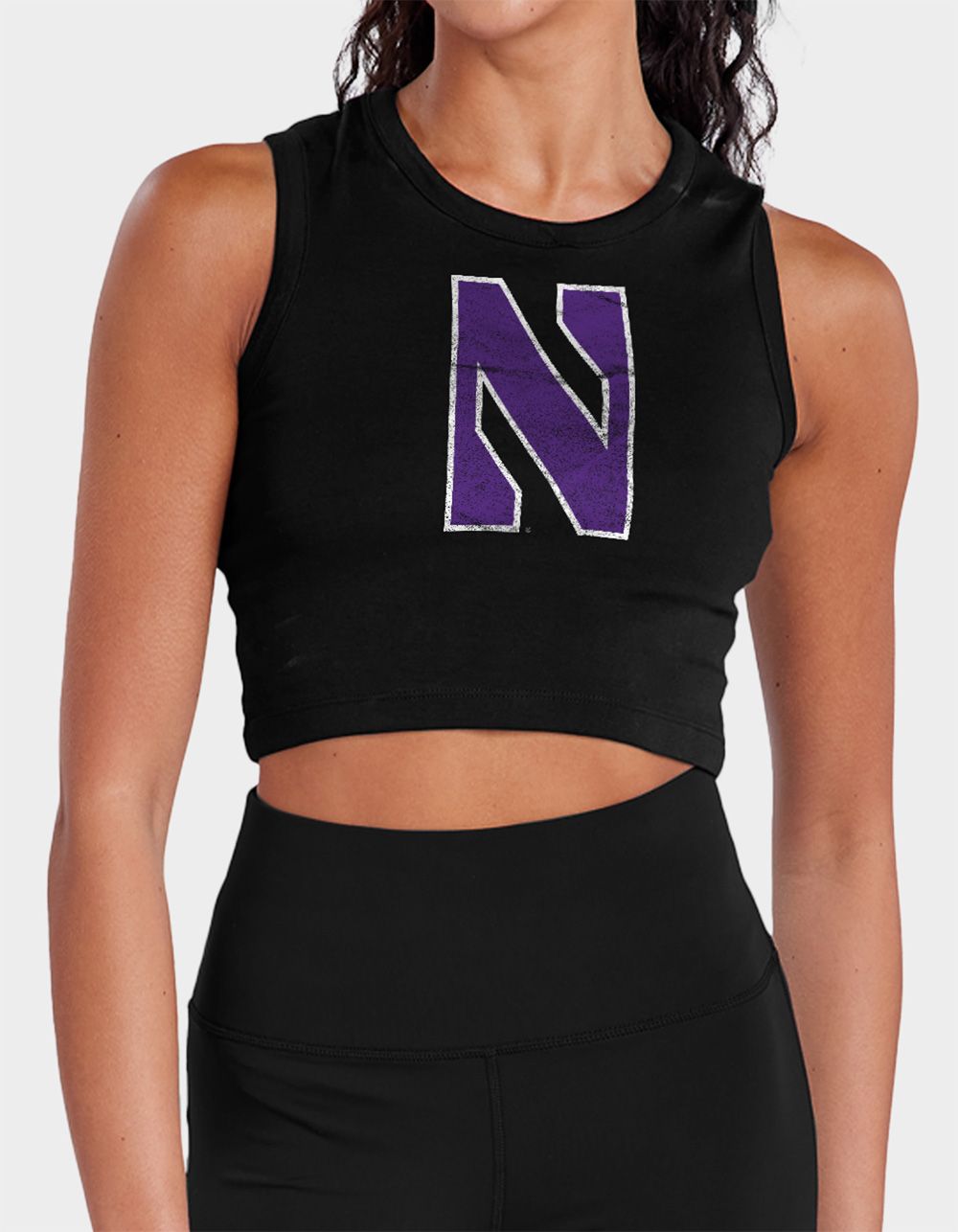 NORTHWESTERN UNIVERSITY Distressed Primary Logo Womens Cropped Tank Top - BLACK