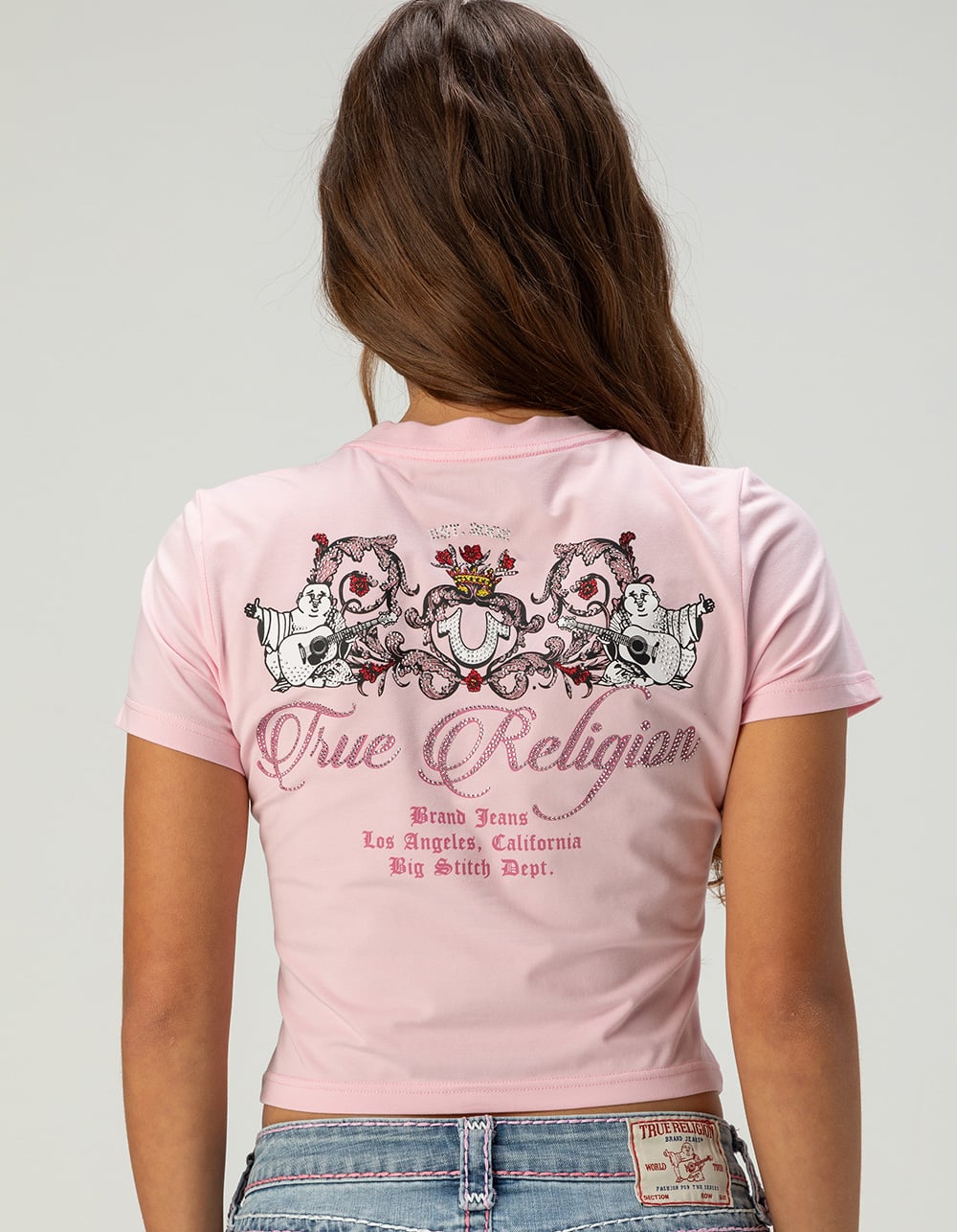 TRUE RELIGION Crystal Buddha Womens Baby Tee - PINK