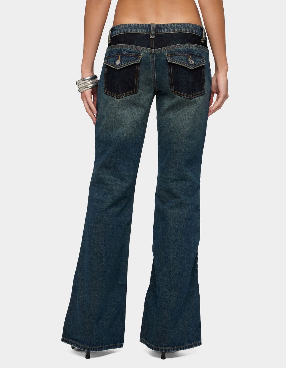 EDIKTED Tatem Lacey Low Rise Flared Jeans - BLUE