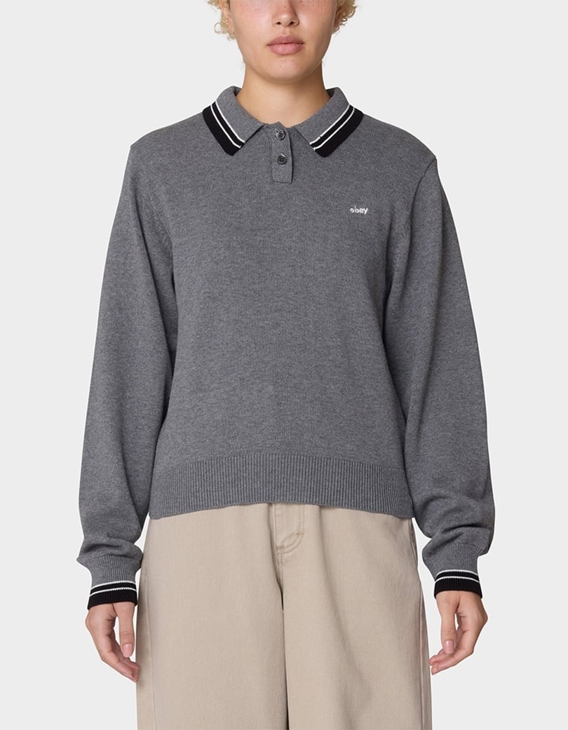 OBEY Goalie Polo Womens Sweater - MEDIUM GREY