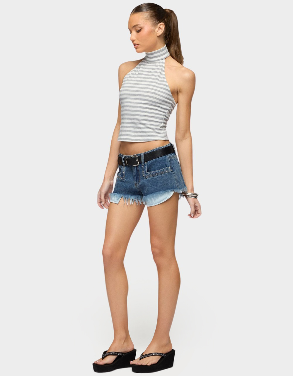 EDIKTED Meshy Studded Denim Micro Shorts - LIGHT BLUE