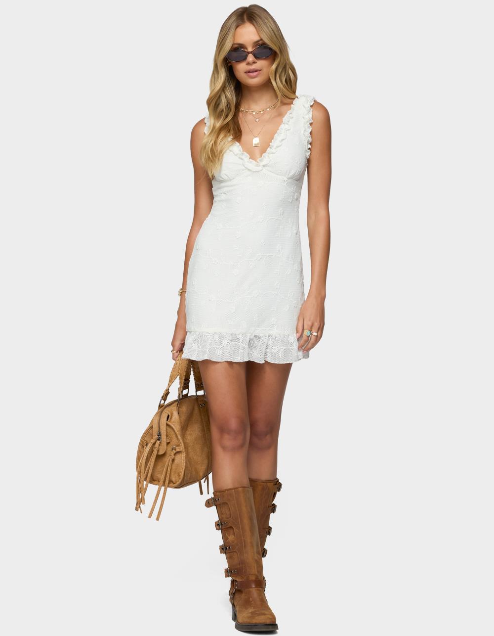 EDIKTED Shayla Ruffle Textured Mini Dress - WHITE
