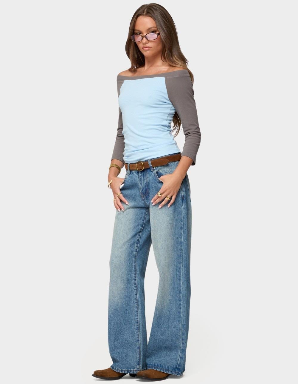 EDIKTED Keri Boat Neck Contrast Raglan Top - LIGHT BLUE