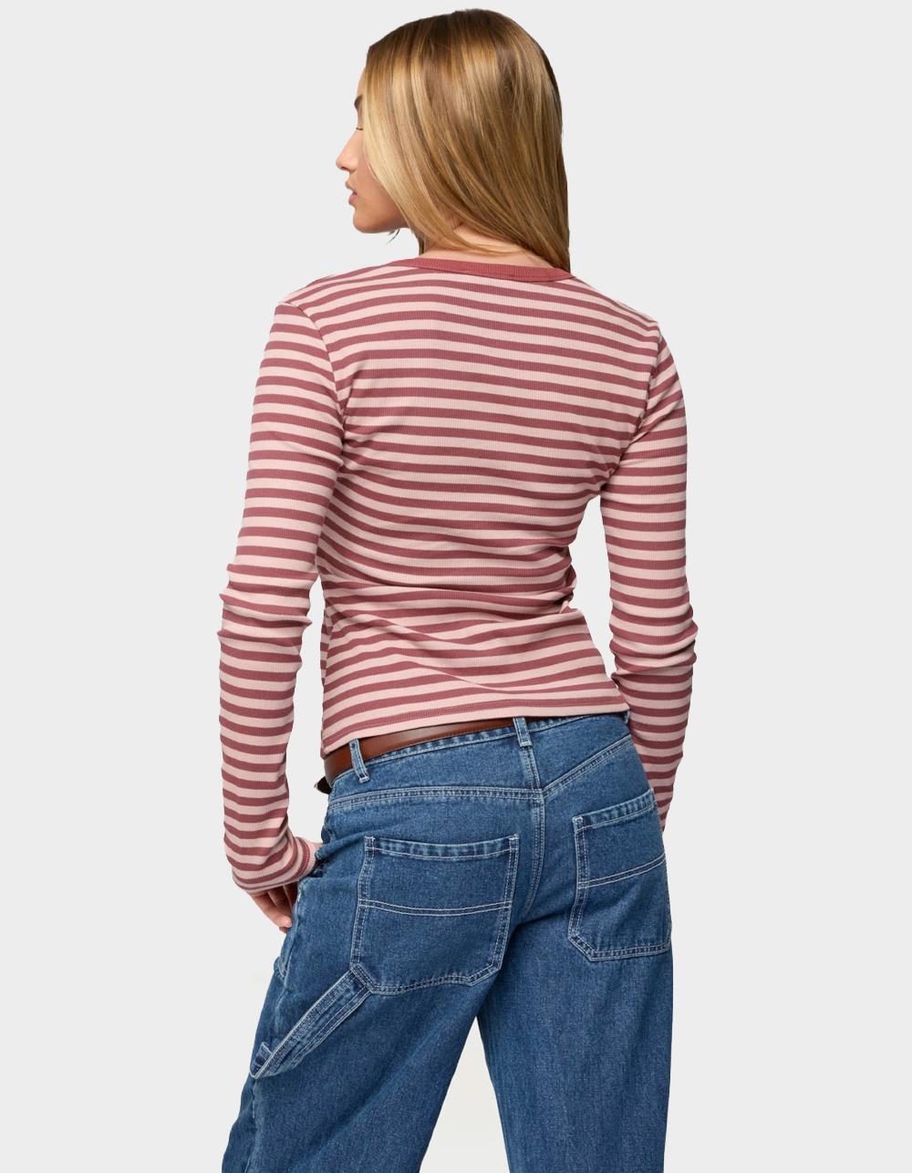 EDIKTED Roma Striped Henley Top - PINK