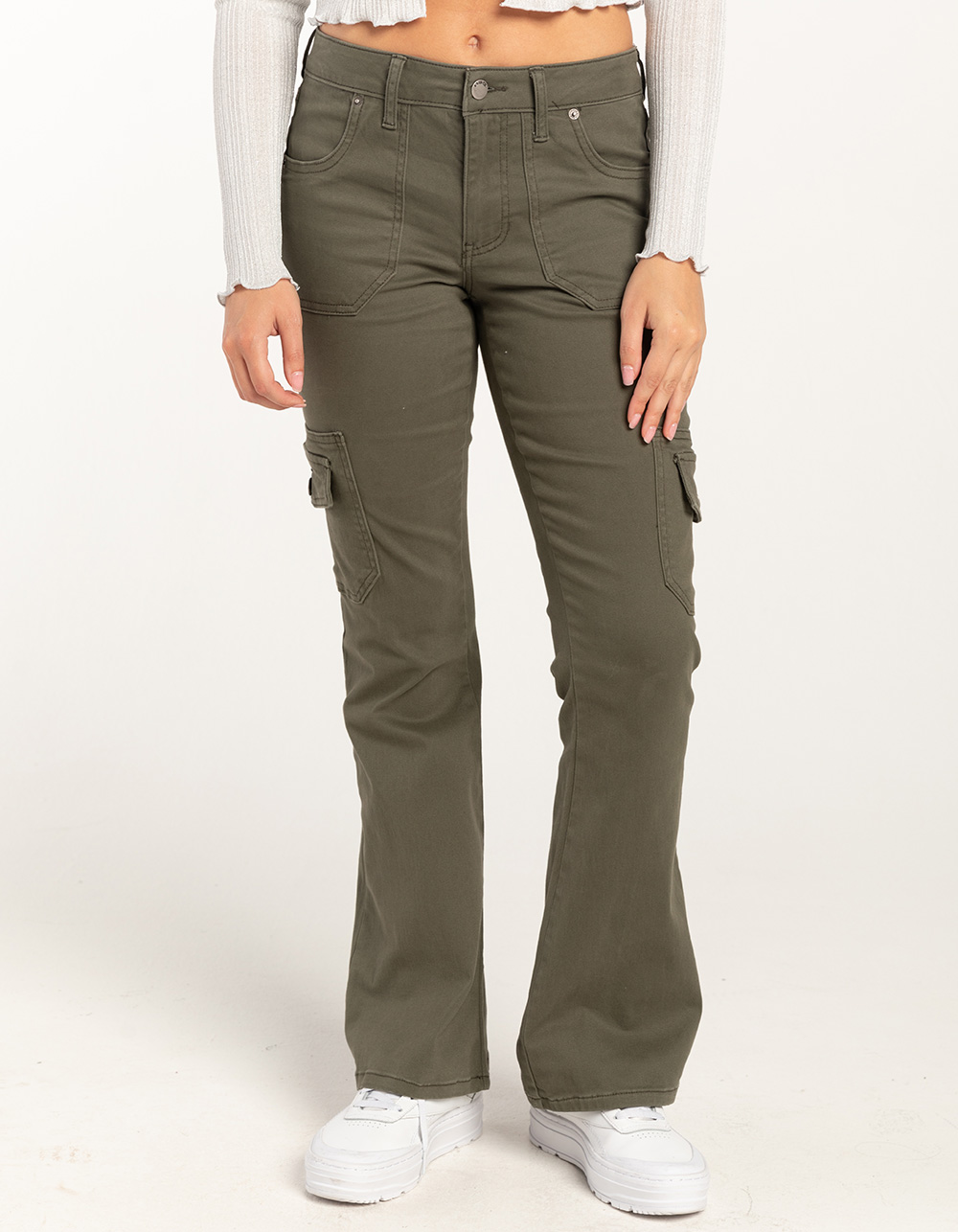 RSQ Womens Low Rise Cargo Flare Pants - OLIVE | Tillys
