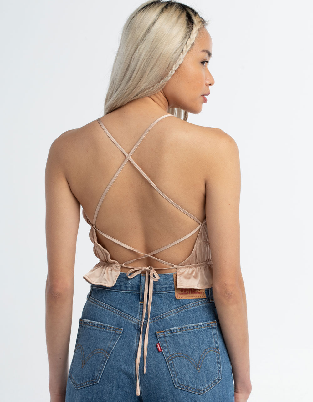 WEST OF MELROSE Satin Ruched Open Back Top  - TAN
