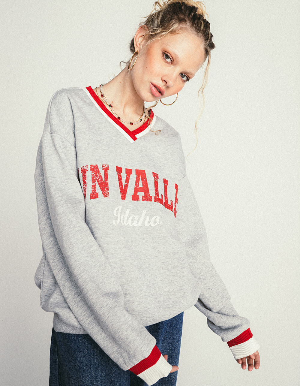 RSQ Womens Sun Valley V-Neck Sweatshirt - HEATHER GRAY